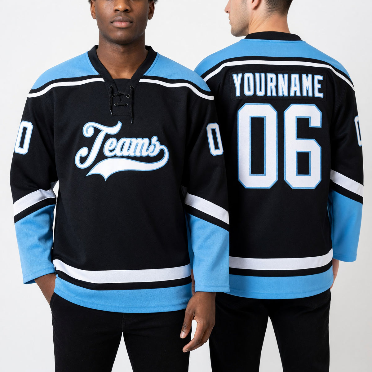 Custom Black White-Light Blue Hockey Lace Neck Jersey worn front and back