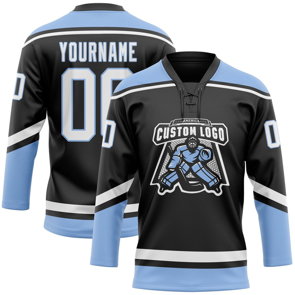Custom Black White-Light Blue Hockey Lace Neck Jersey photo 2