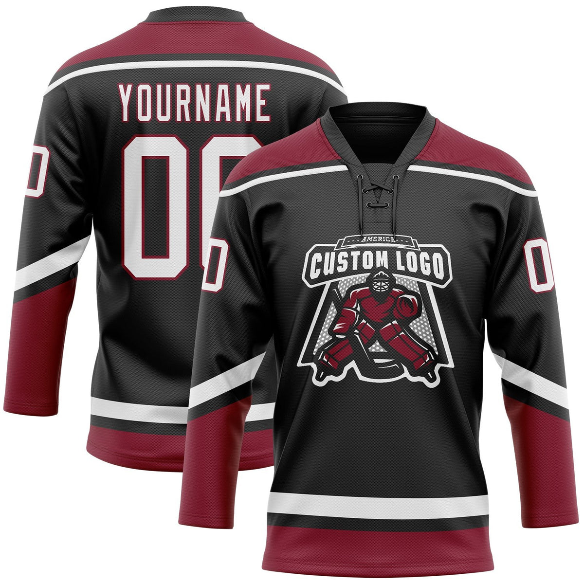 Custom Black White-Crimson Hockey Lace Neck Jersey photo 2