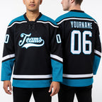 Custom Black White-Teal Hockey Lace Neck Jersey worn front and back