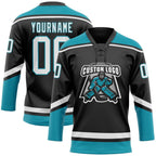 Custom Black White-Teal Hockey Lace Neck Jersey photo 2