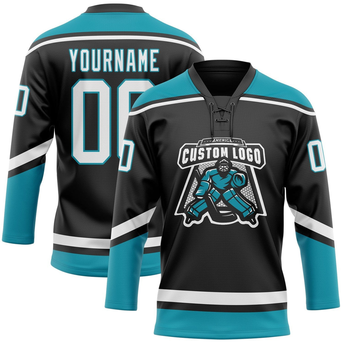 Custom Black White-Teal Hockey Lace Neck Jersey photo 2
