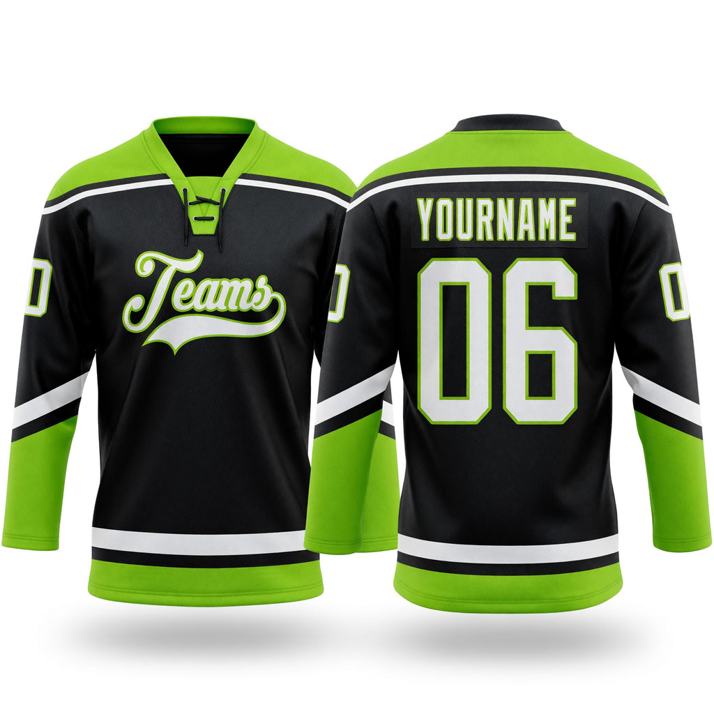 Custom Black White-Neon Green Hockey Lace Neck Jersey