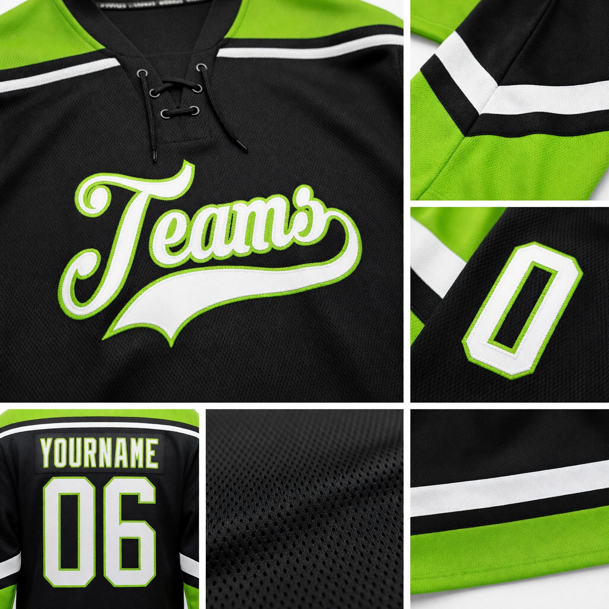 Custom Black White-Neon Green Hockey Lace Neck Jersey detail