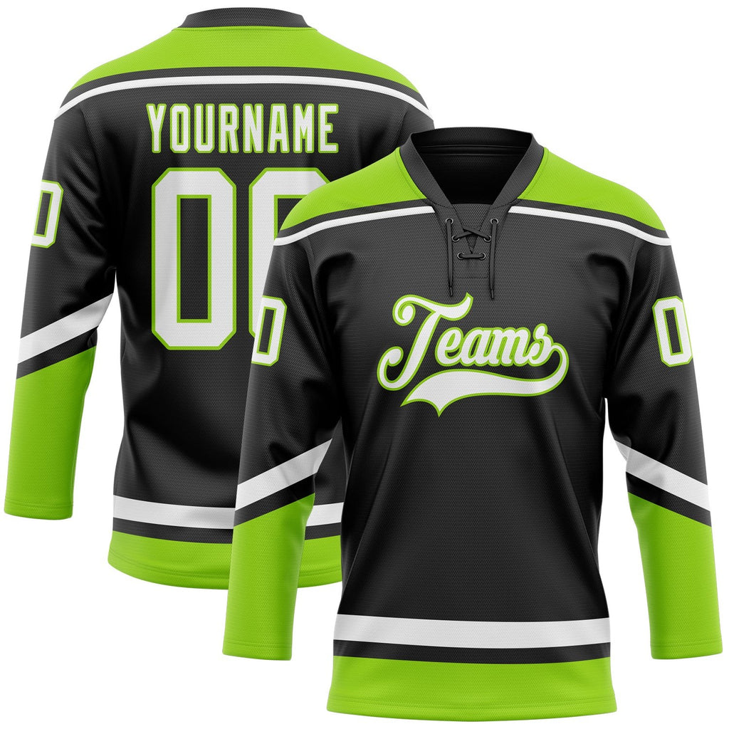 Custom Black White-Neon Green Hockey Lace Neck Jersey photo 1