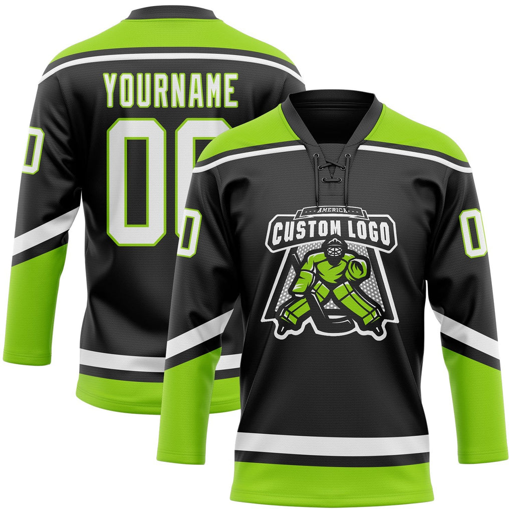 Custom Black White-Neon Green Hockey Lace Neck Jersey photo 2