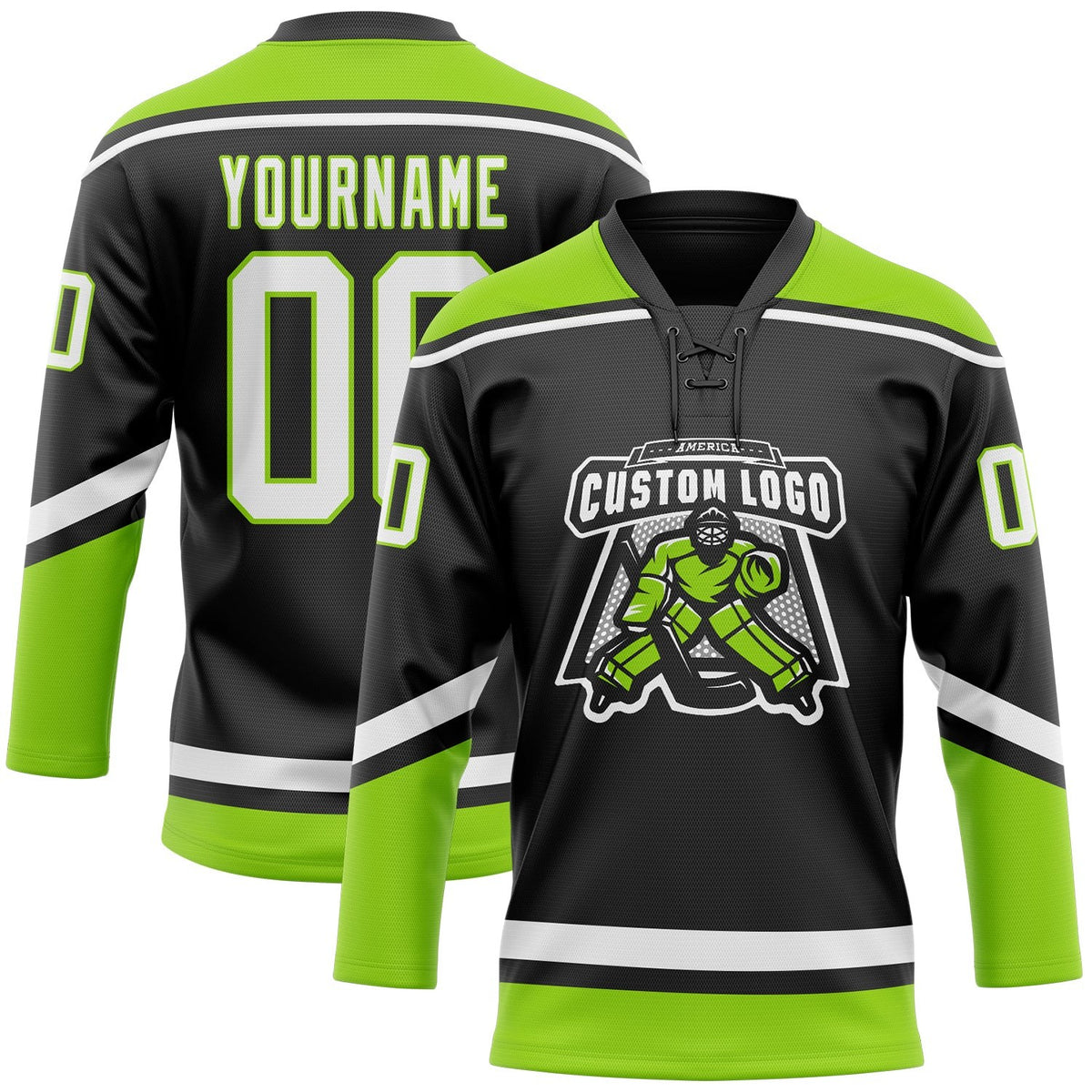 Custom Black White-Neon Green Hockey Lace Neck Jersey photo 2