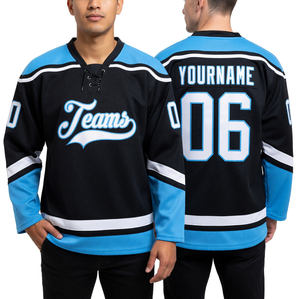 Custom Black White-Sky Blue Hockey Lace Neck Jersey worn front and back
