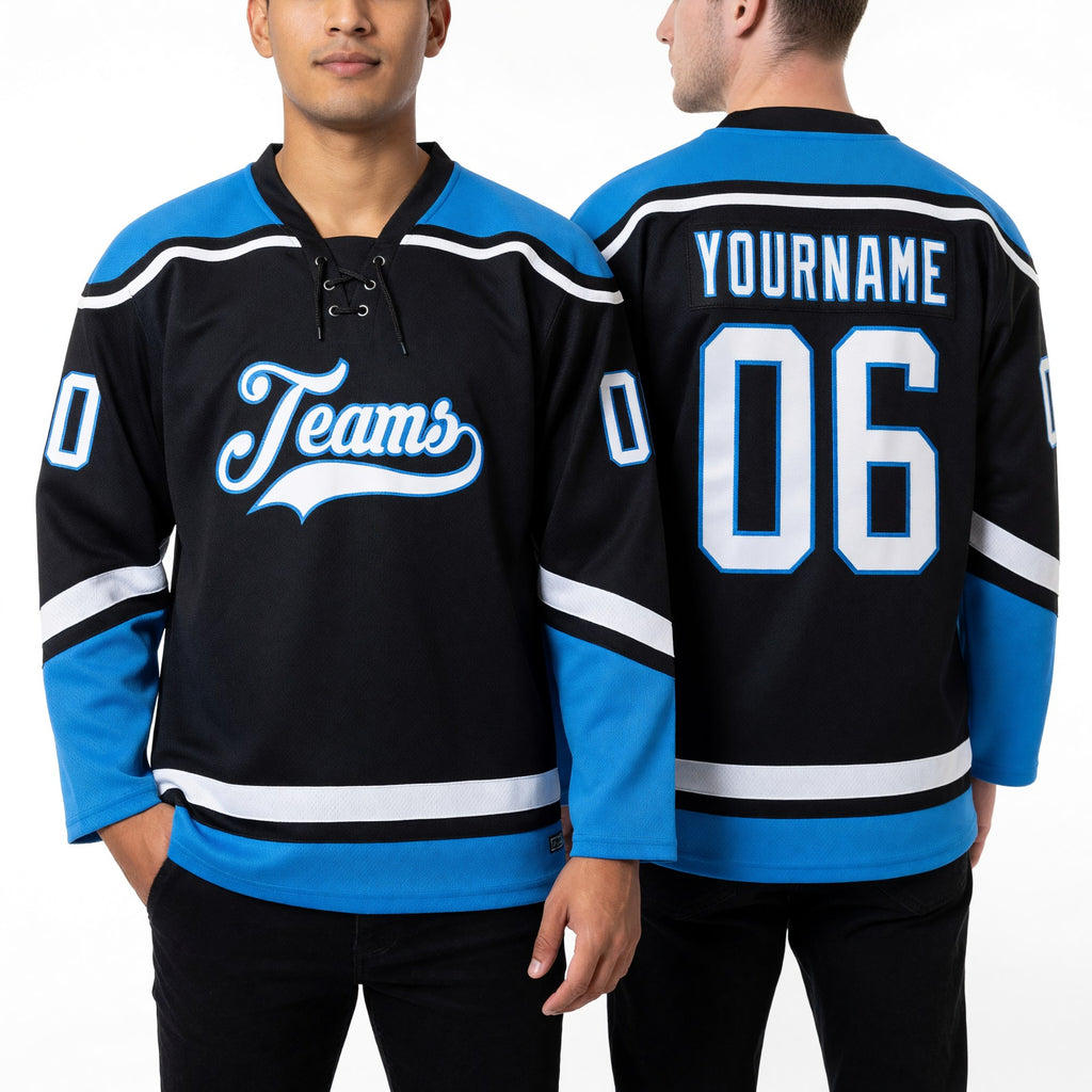Custom Black White-Powder Blue Hockey Lace Neck Jersey worn front and back