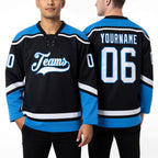 Custom Black White-Powder Blue Hockey Lace Neck Jersey worn front and back