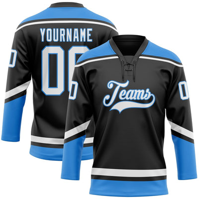 Custom Black Lace Neck Hockey Jersey with White and Powder Blue Lettering