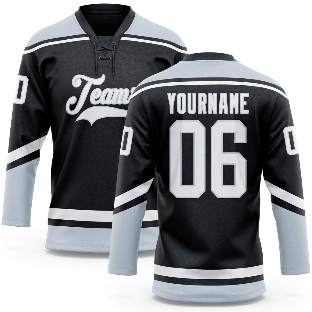 Custom Black White-Silver Hockey Lace Neck Jersey