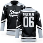 Custom Black White-Silver Hockey Lace Neck Jersey