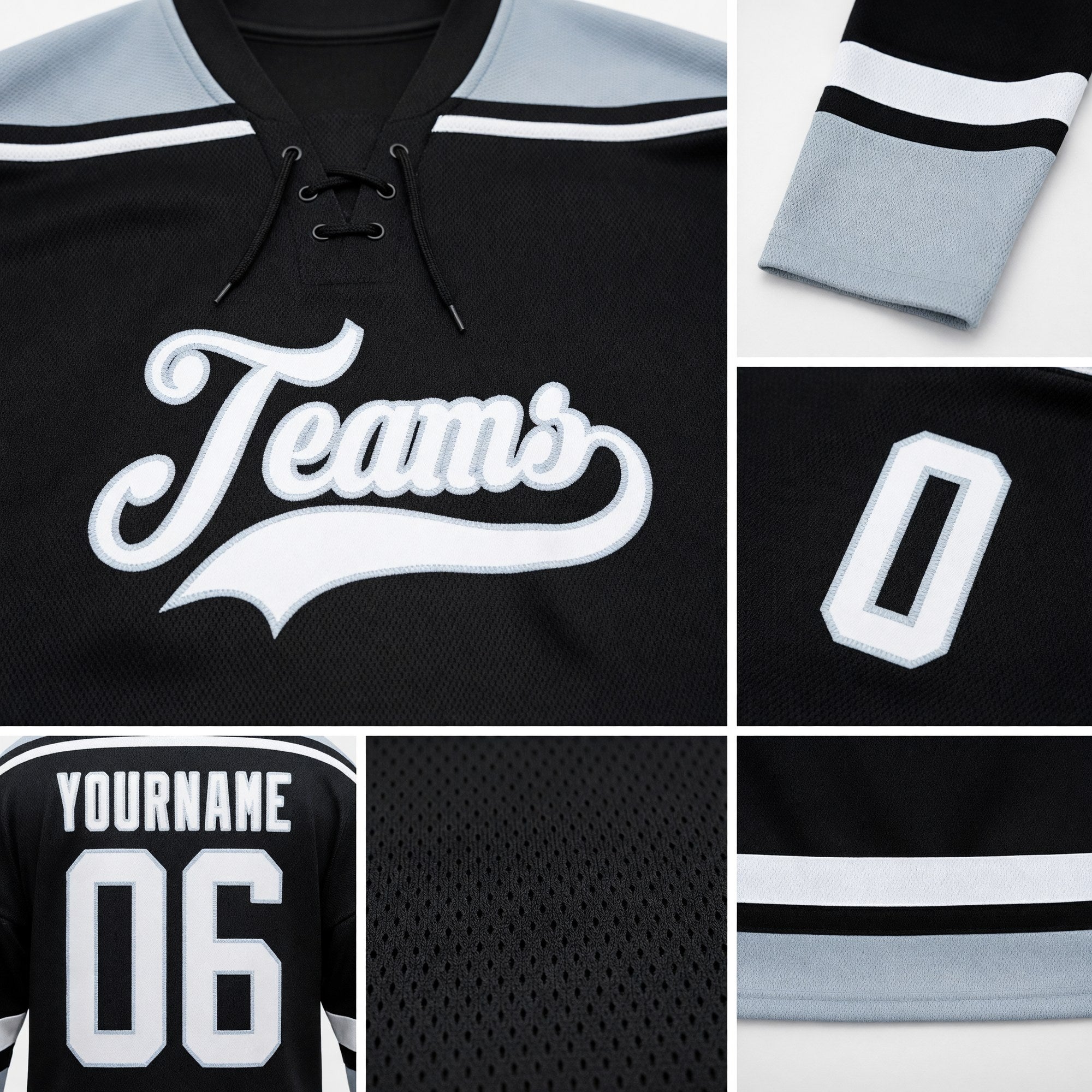 Custom Black White-Silver Hockey Lace Neck Jersey detail