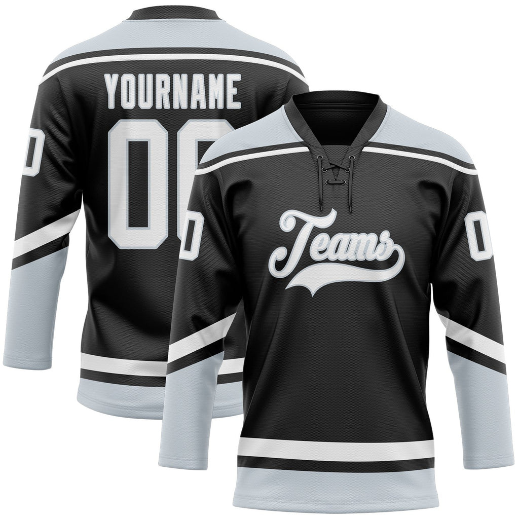 Custom Black White-Silver Hockey Lace Neck Jersey photo 1