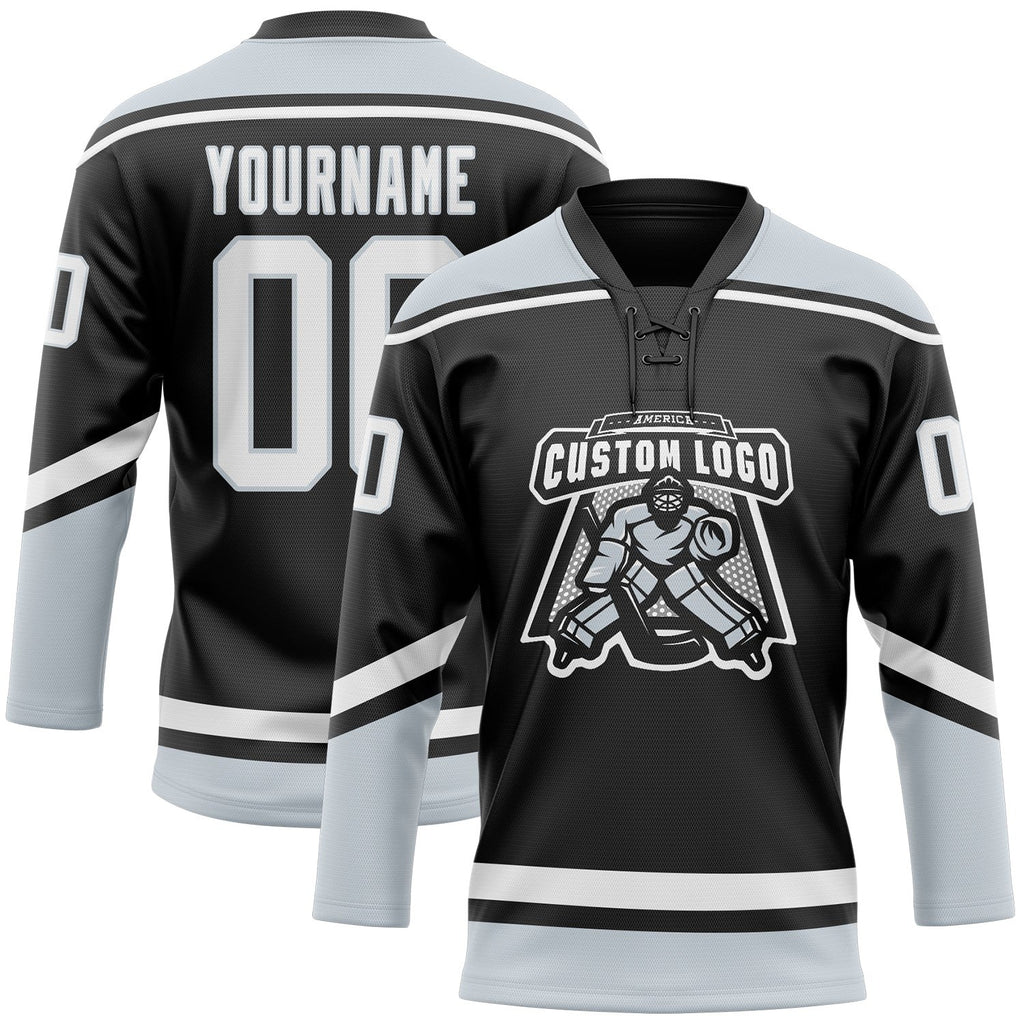 Custom Black White-Silver Hockey Lace Neck Jersey photo 3