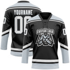 Custom Black White-Silver Hockey Lace Neck Jersey photo 3