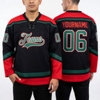 Custom Black Kelly Green-Red Hockey Lace Neck Jersey worn front and back