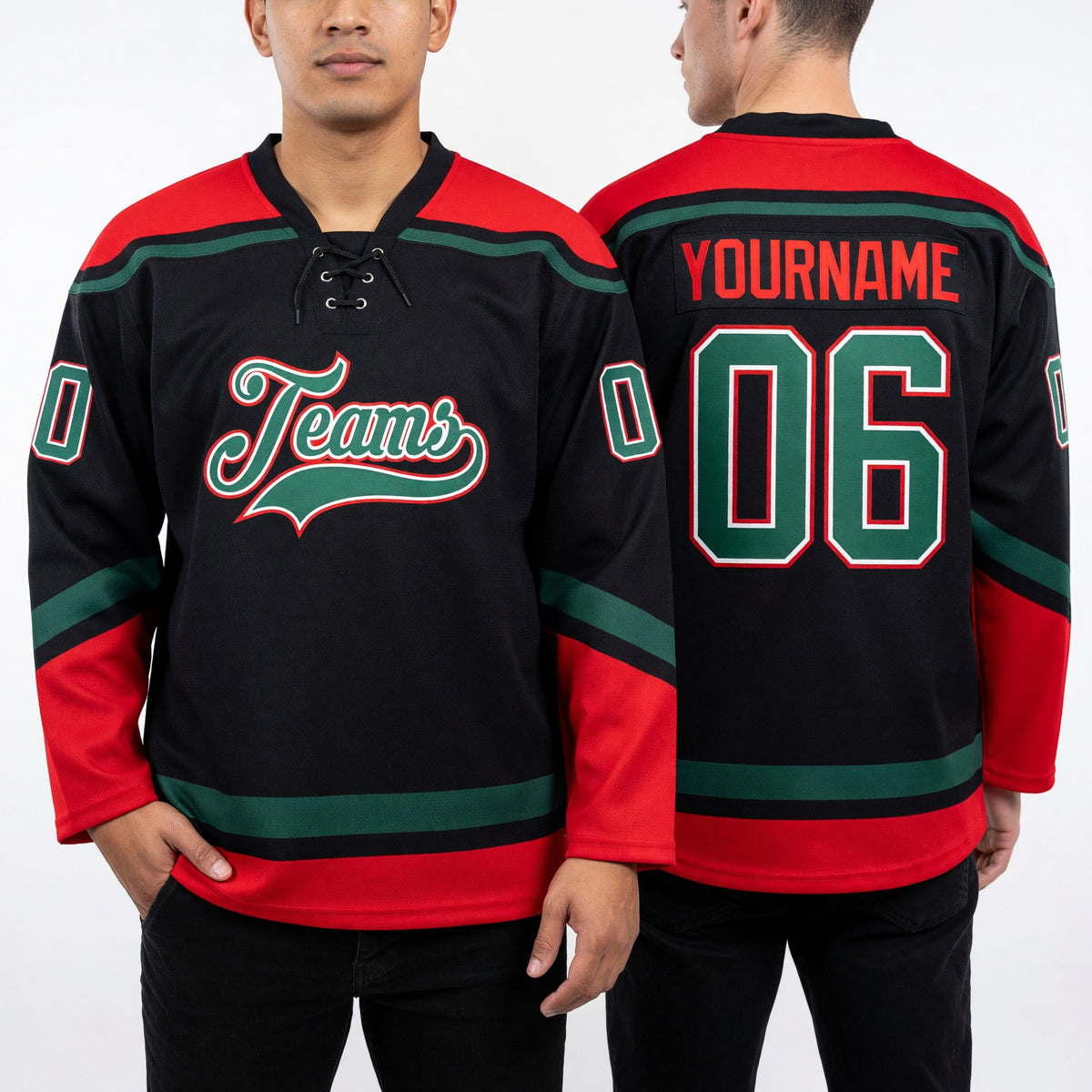 Custom Black Kelly Green-Red Hockey Lace Neck Jersey worn front and back