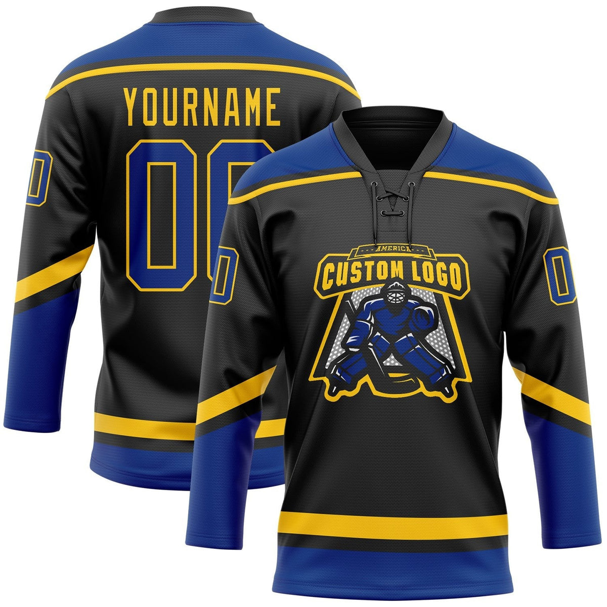 Custom Black Royal-Yellow Hockey Lace Neck Jersey photo 2