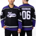 Custom Black White Purple-Gray Hockey Lace Neck Jersey worn front and back