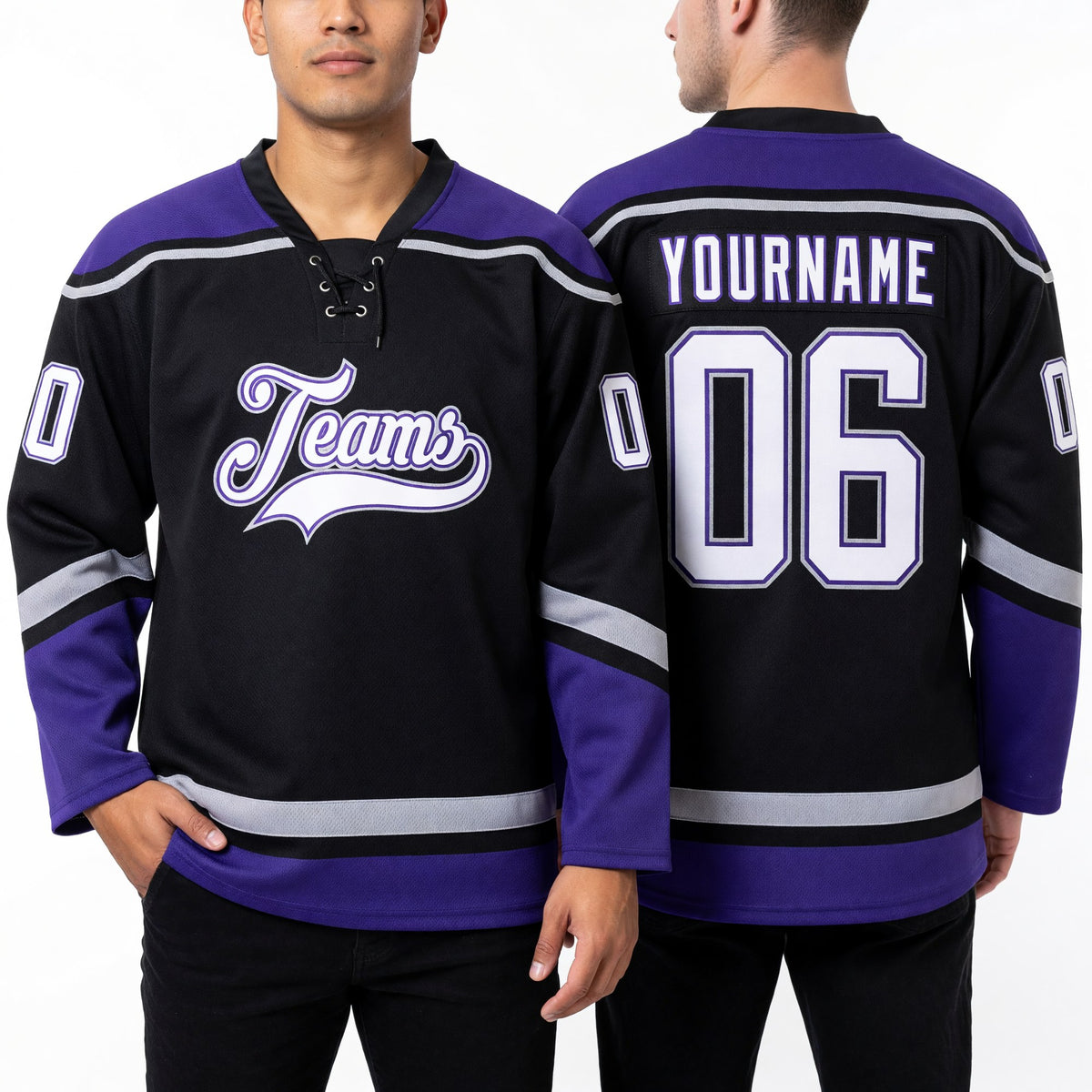 Custom Black White Purple-Gray Hockey Lace Neck Jersey worn front and back