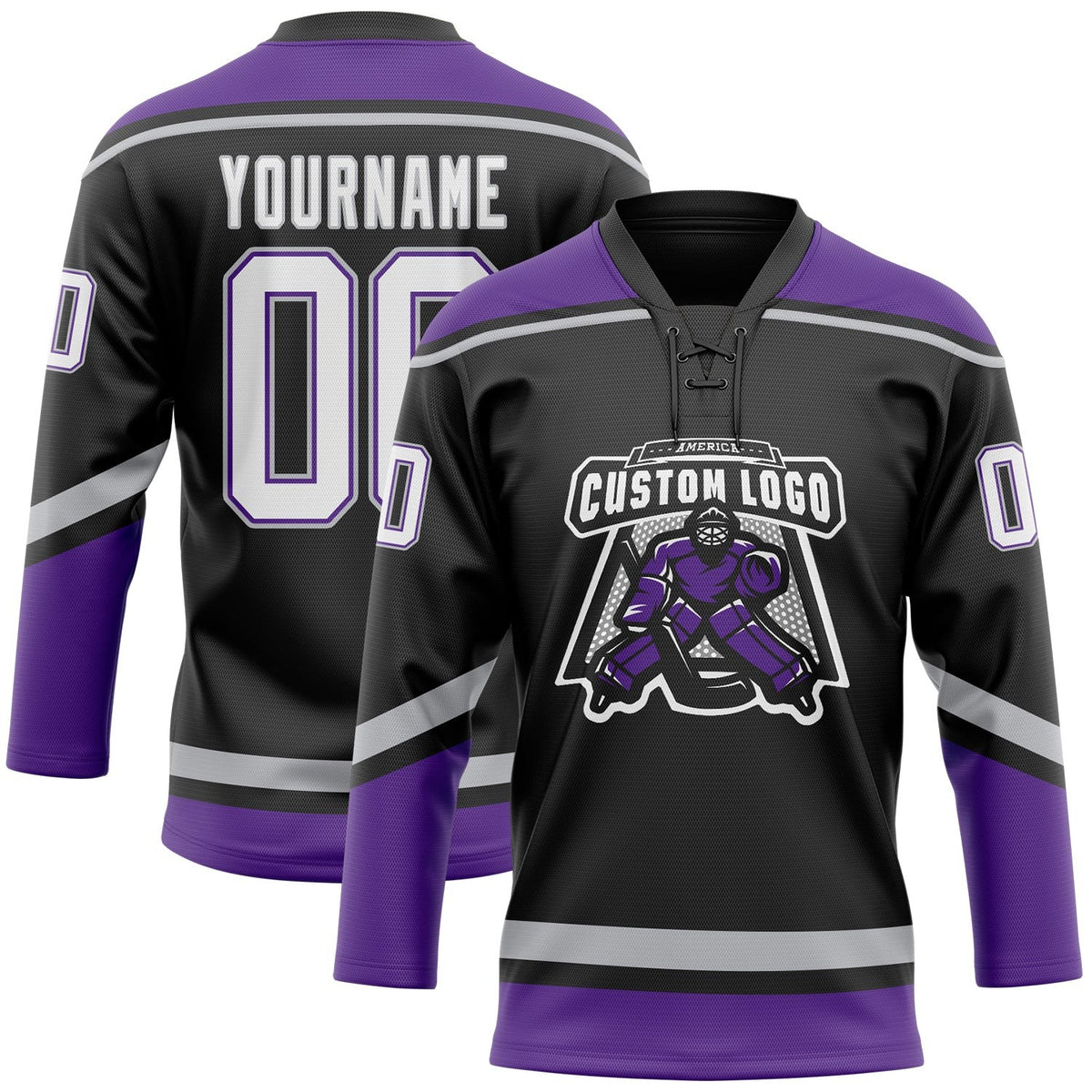 Custom Black White Purple-Gray Hockey Lace Neck Jersey photo 2