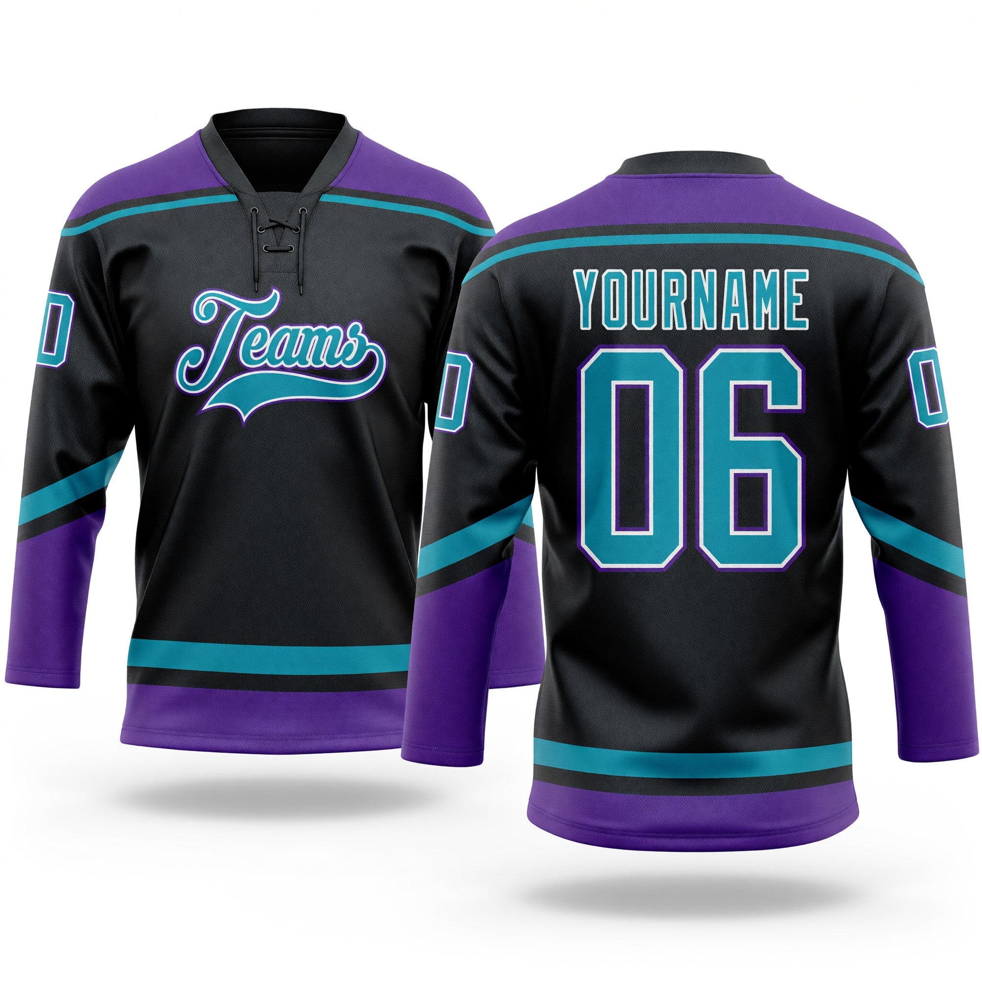 Custom Black Teal-White Hockey Lace Neck Jersey