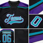 Custom Black Teal-White Hockey Lace Neck Jersey detail