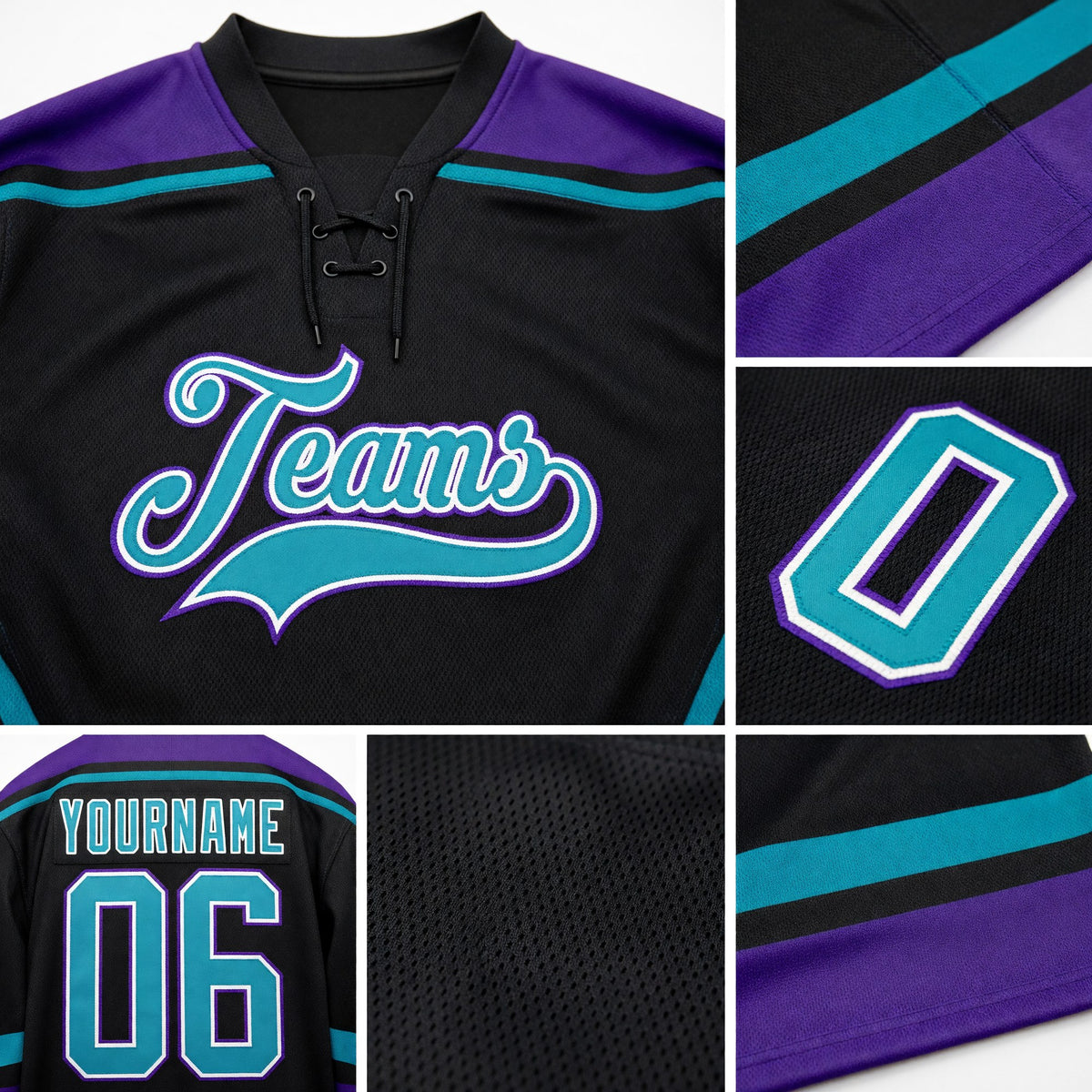 Custom Black Teal-White Hockey Lace Neck Jersey detail