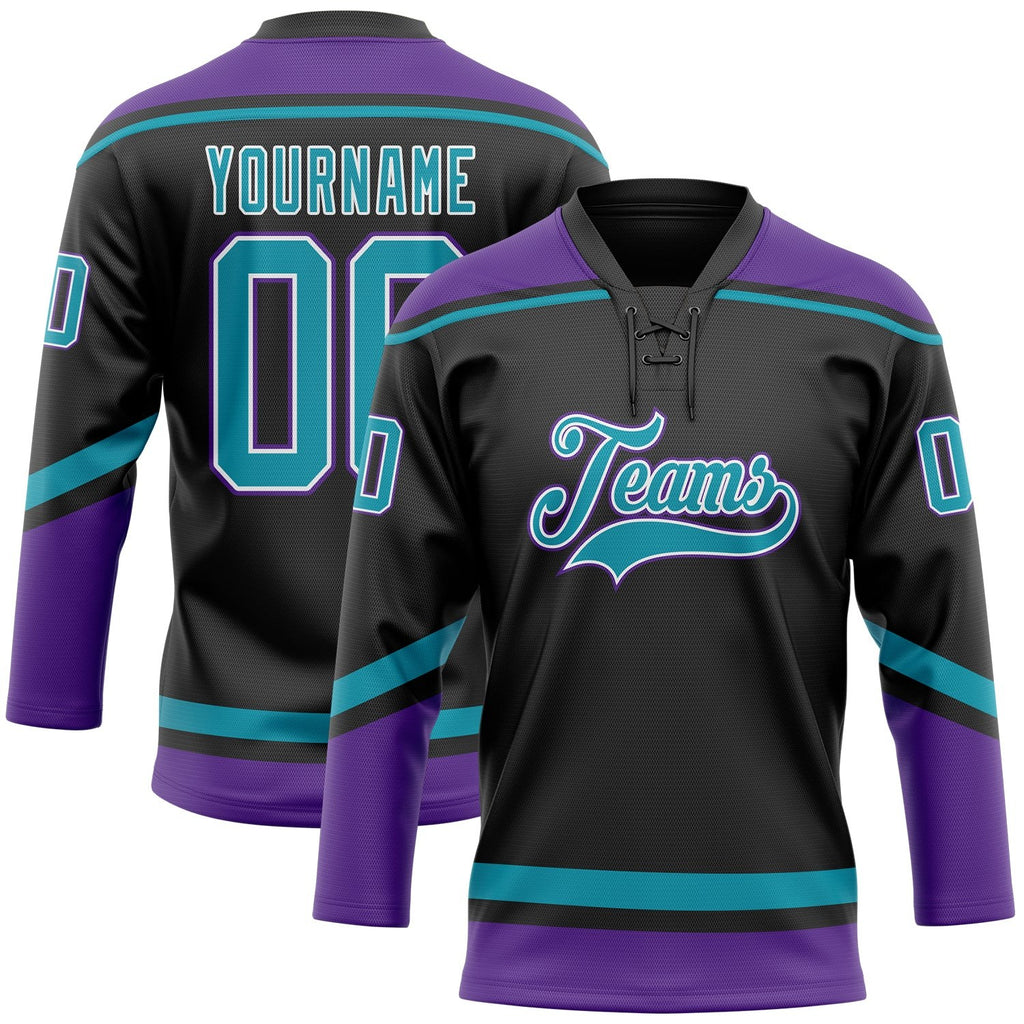 Custom Black Teal-White Hockey Lace Neck Jersey photo 1