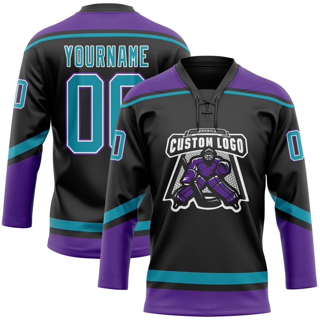 Custom Black Teal-White Hockey Lace Neck Jersey photo 2