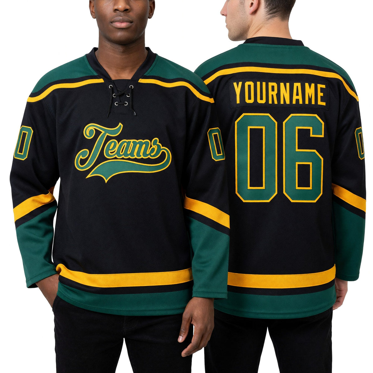Custom Black Green-Gold Hockey Lace Neck Jersey worn front and back