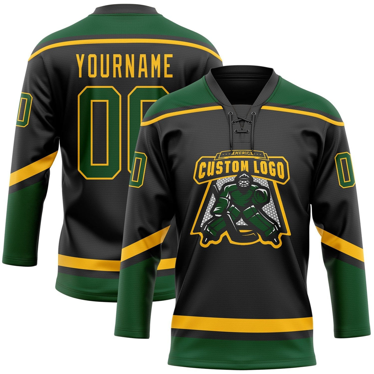Custom Black Green-Gold Hockey Lace Neck Jersey photo 2