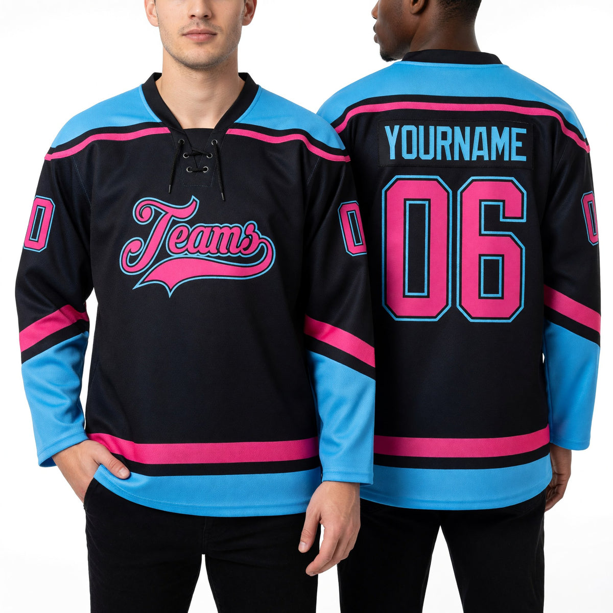 Custom Black Pink-Sky Blue Hockey Lace Neck Jersey worn front and back