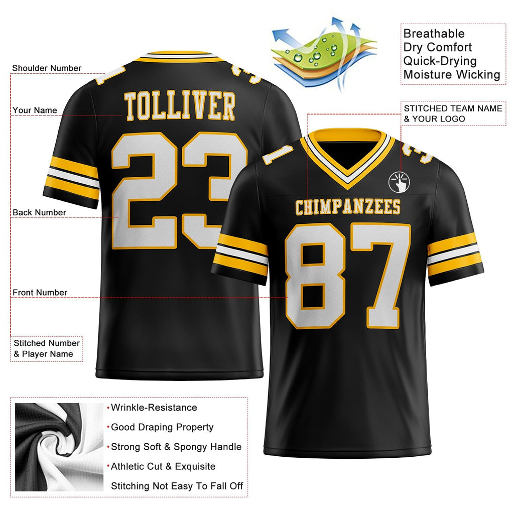 Custom Black White-Gold Authentic Football Jersey photo 3