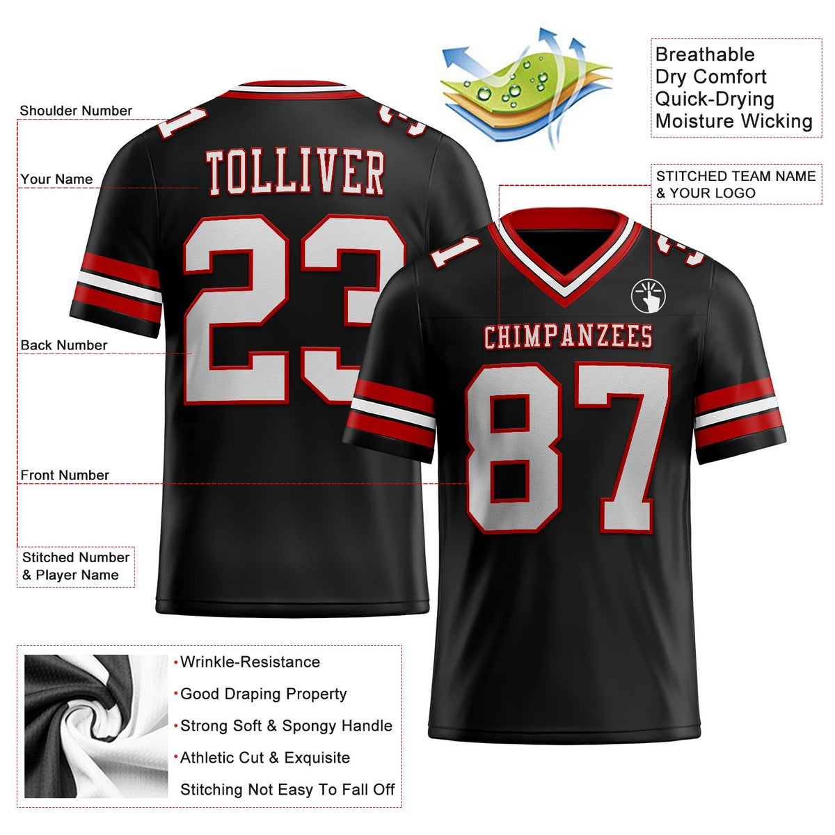 Custom Black White-Red Authentic Football Jersey photo 2