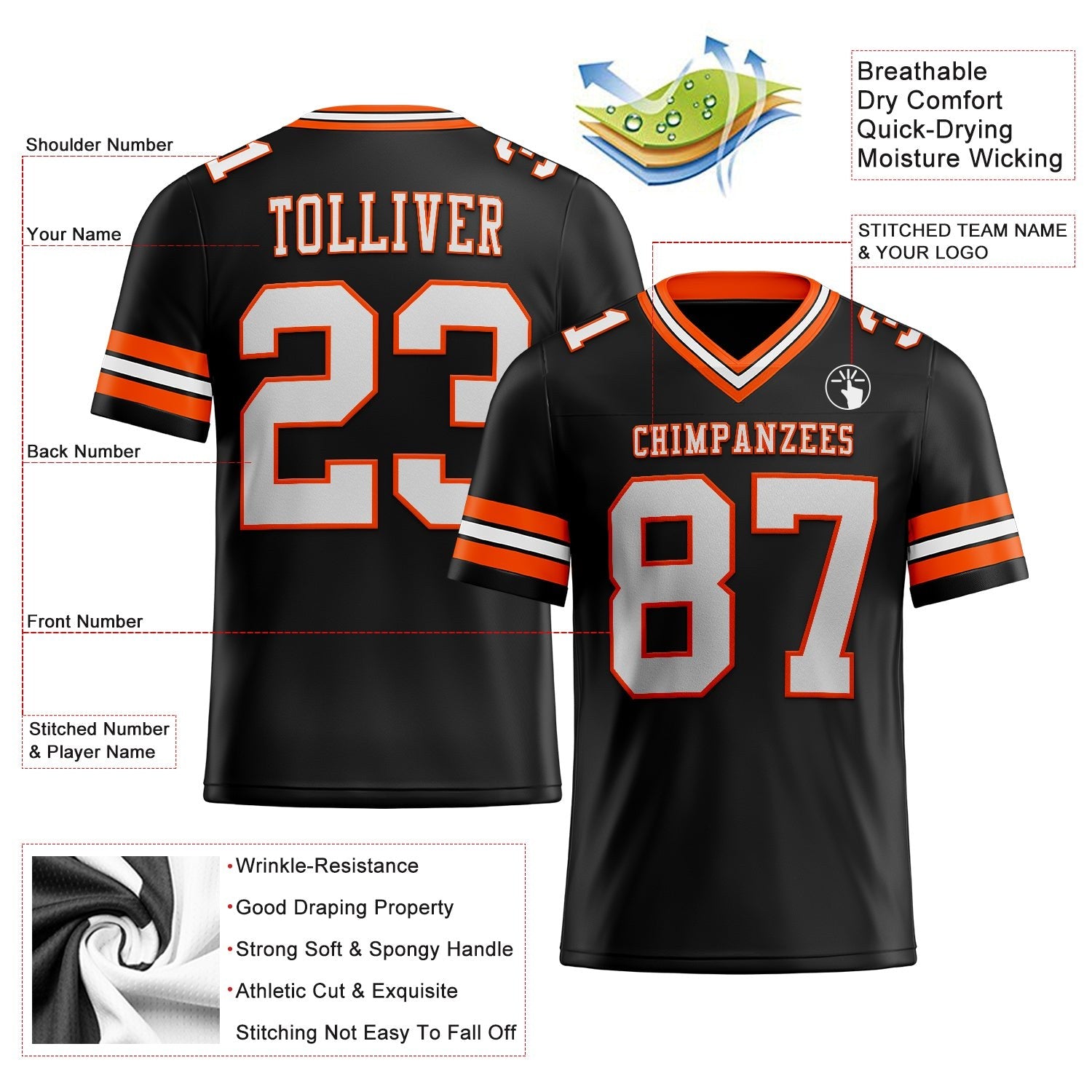 Custom Black White-Orange Authentic Football Jersey photo 2