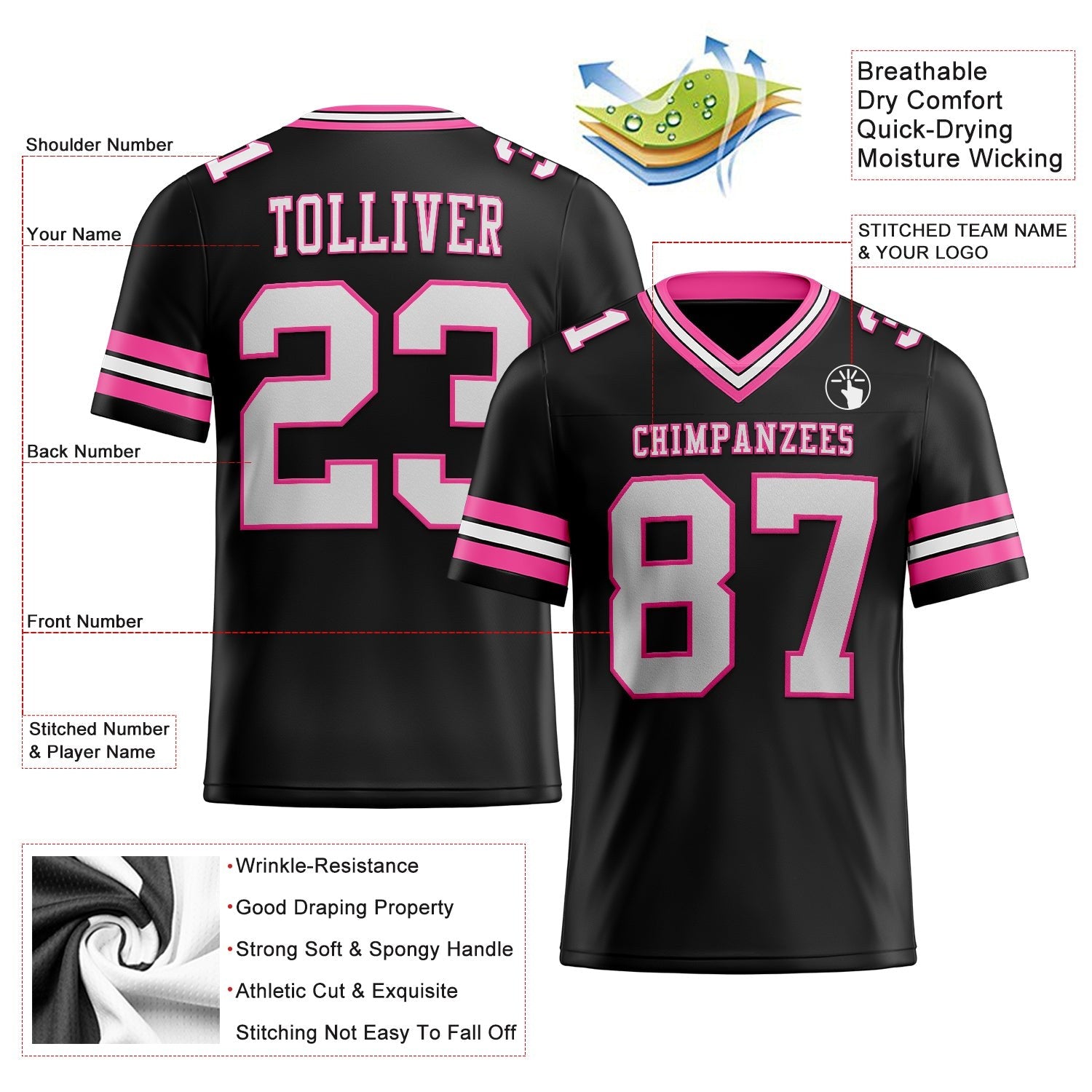 Custom Black White-Pink Authentic Football Jersey photo 2