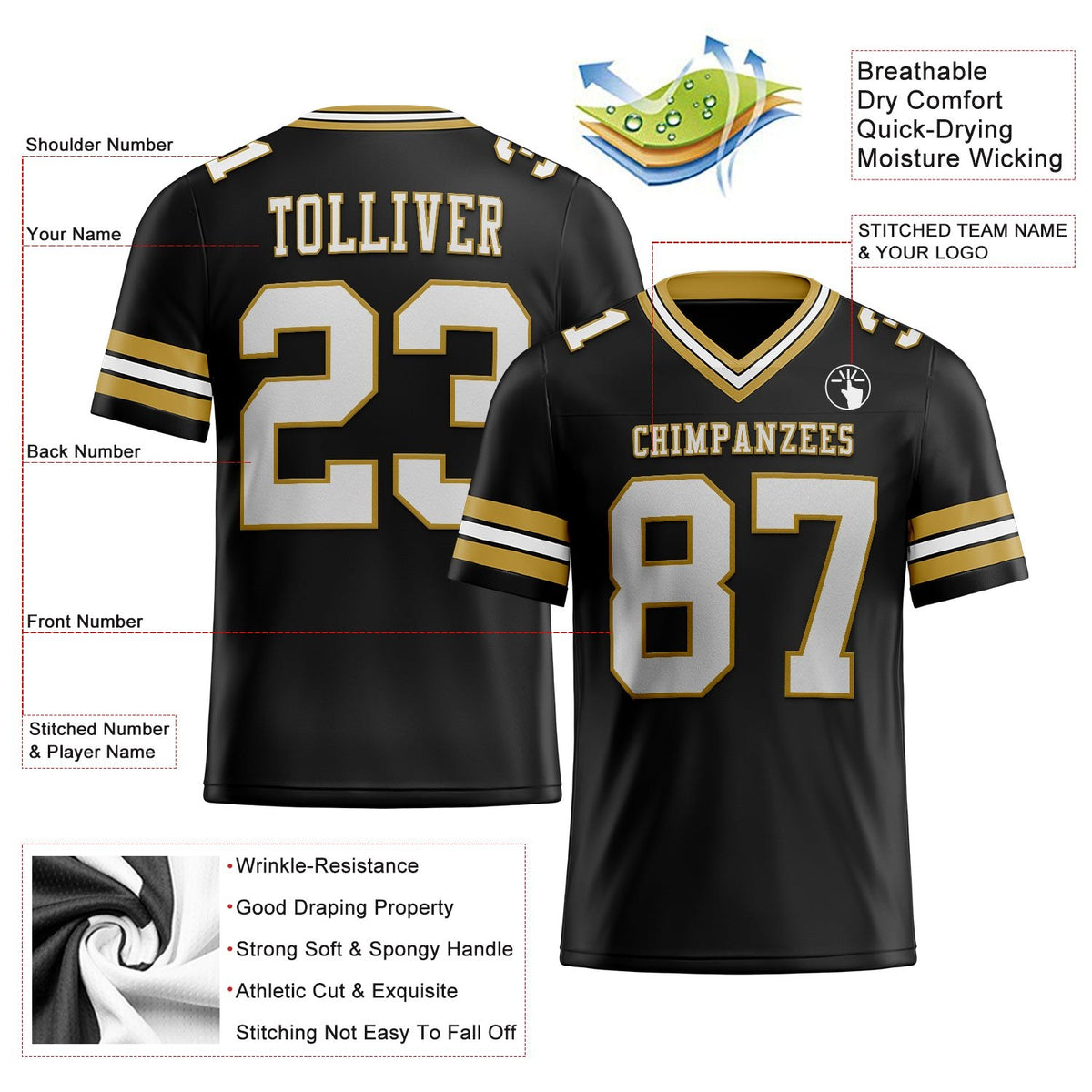 Custom Black White-Old Gold Authentic Football Jersey photo 2
