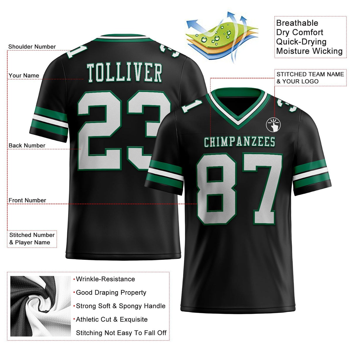 Custom Black White-Kelly Green Authentic Football Jersey photo 2
