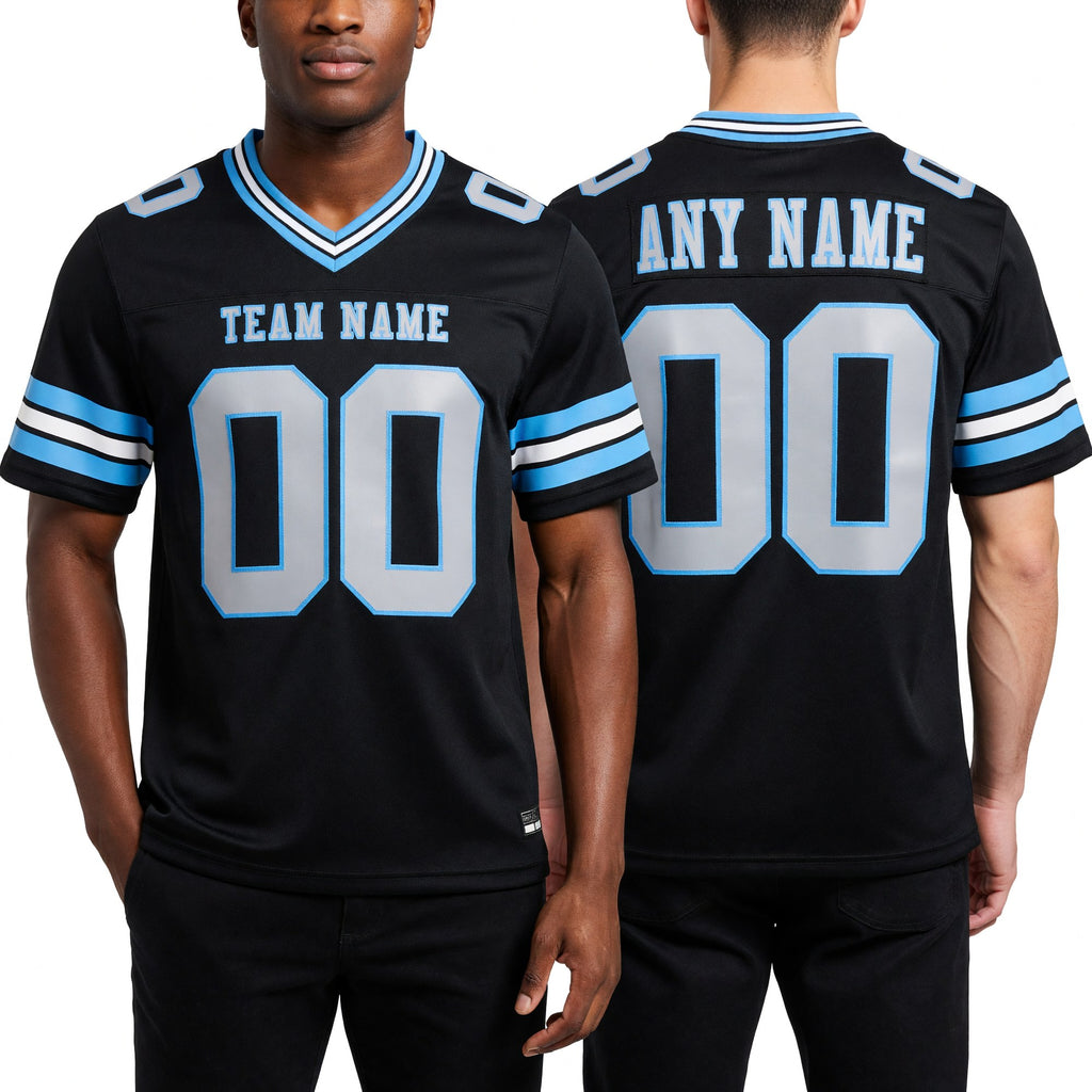 Custom Black White-Light Blue Authentic Football Jersey worn front and back