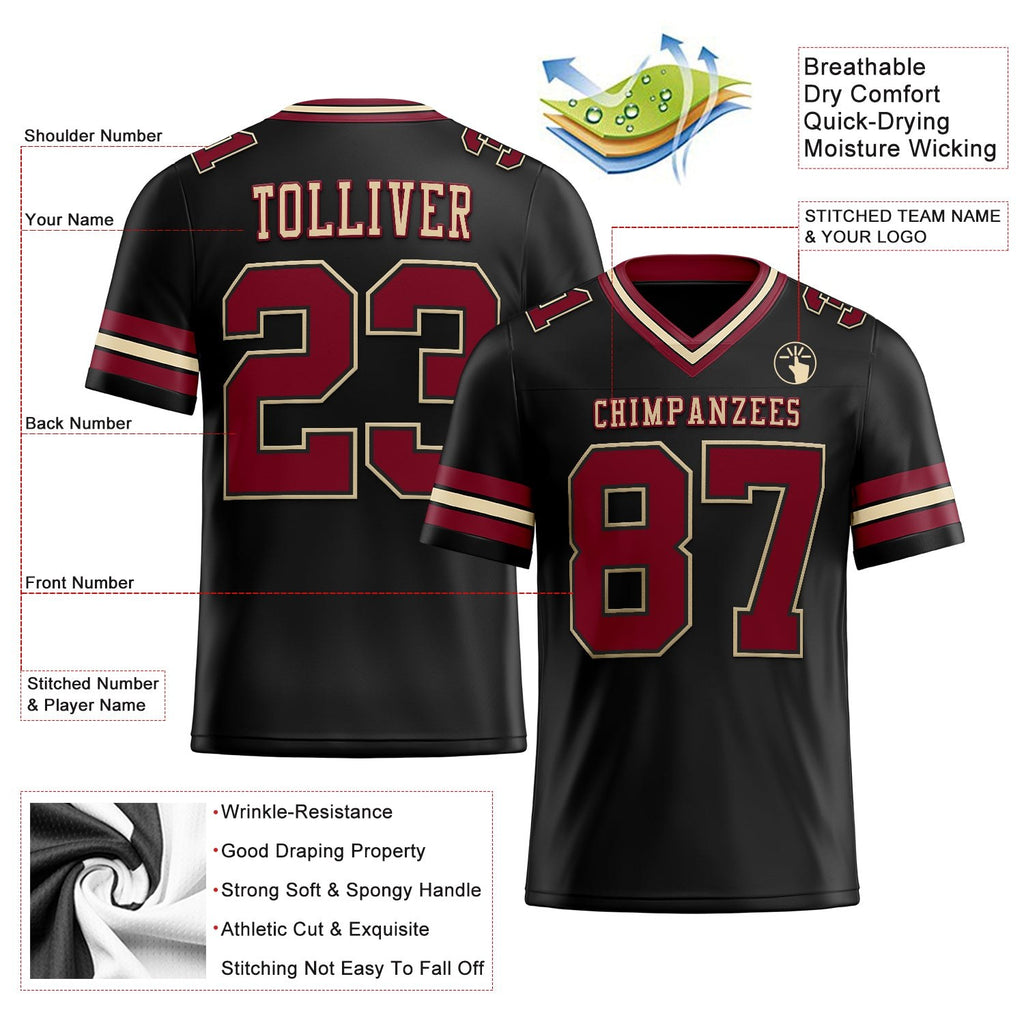 Custom Black Crimson-City Cream Authentic Football Jersey photo 2