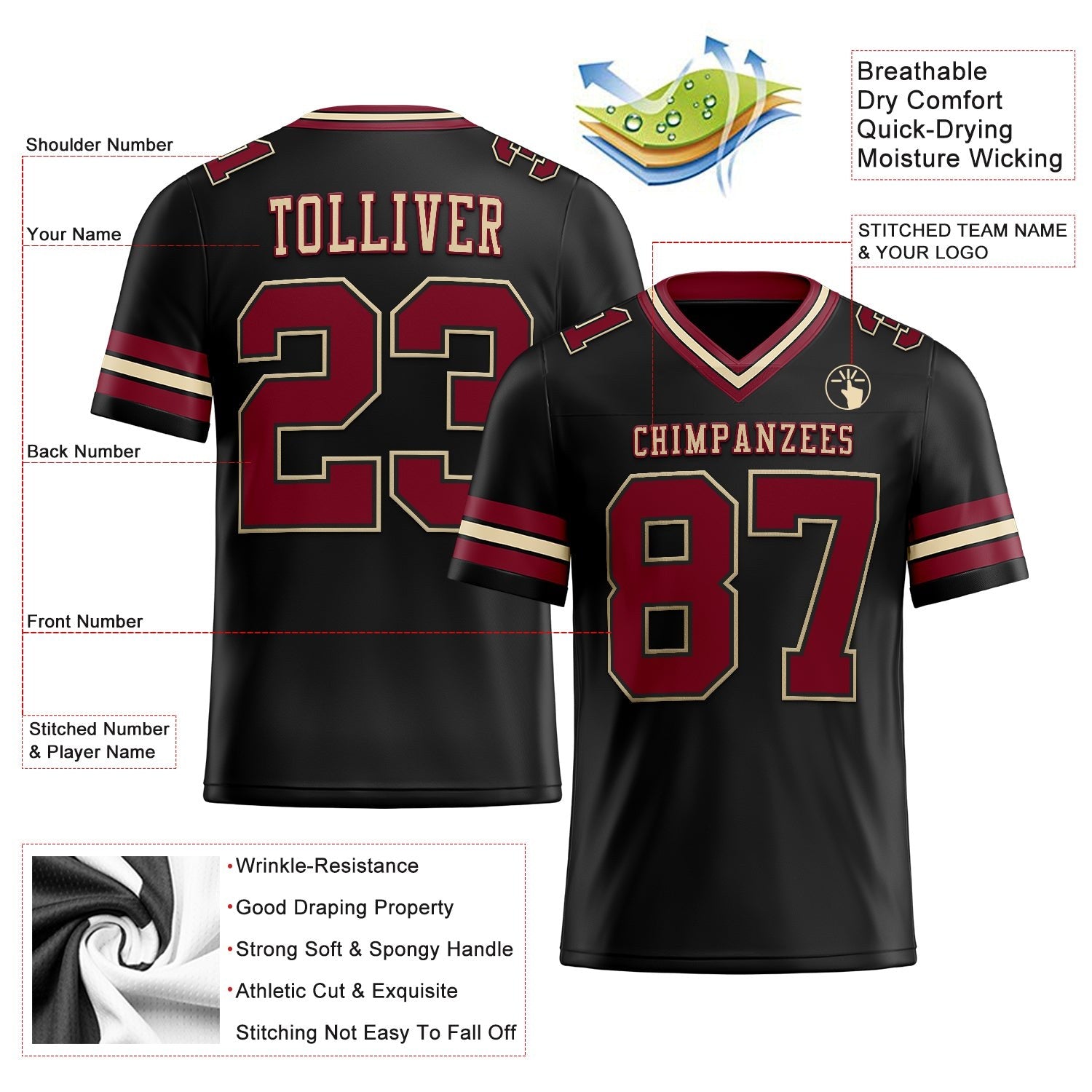 Custom Black Crimson-City Cream Authentic Football Jersey photo 2