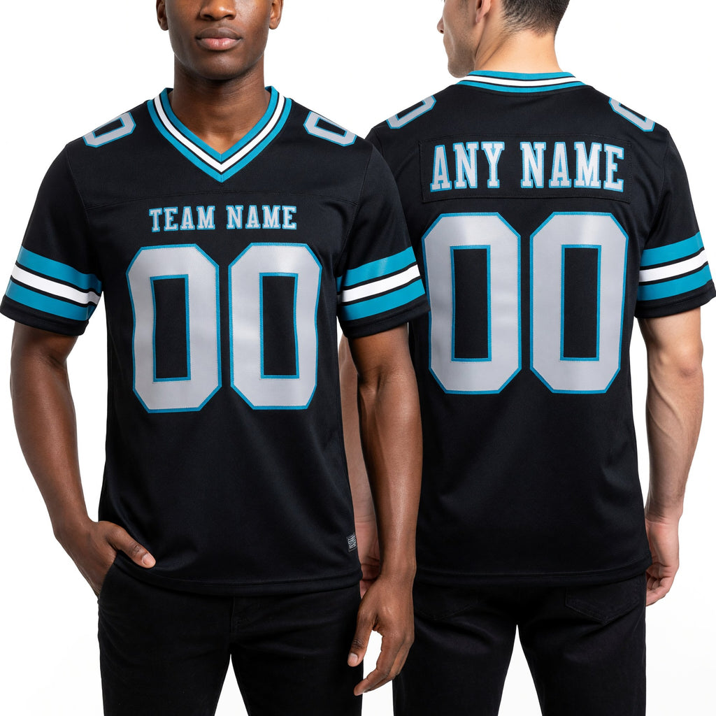 Custom Black White-Teal Authentic Football Jersey worn front and back