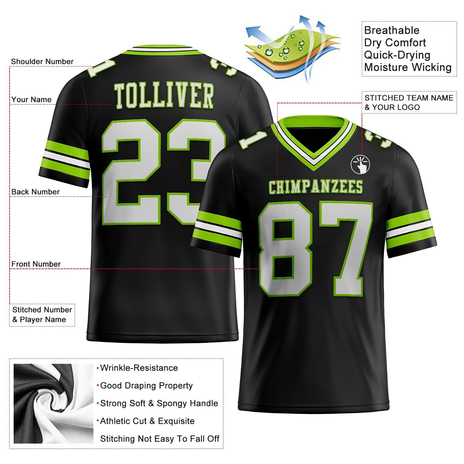 Custom Black White-Neon Green Authentic Football Jersey photo 2