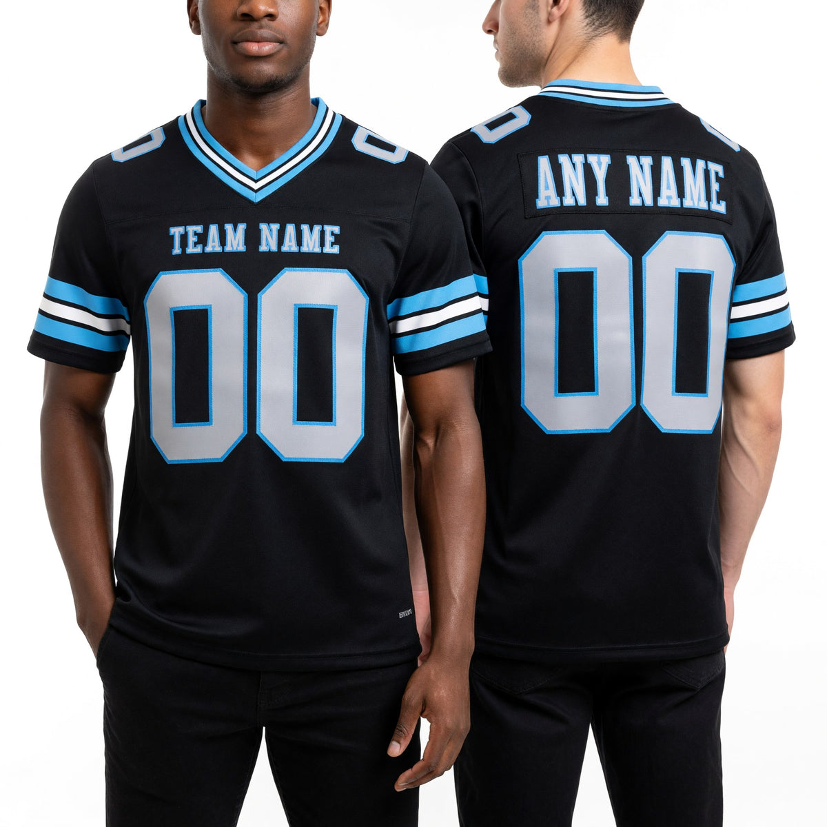 Custom Black White-Sky Blue Authentic Football Jersey worn front and back
