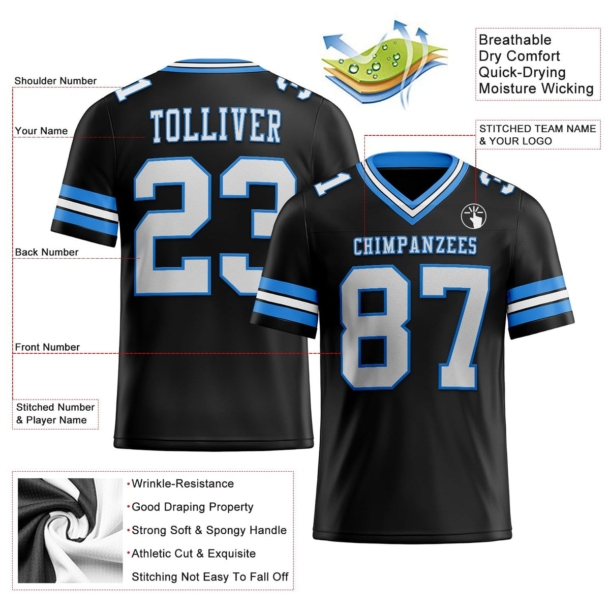 Custom Black White-Powder Blue Authentic Football Jersey photo 2