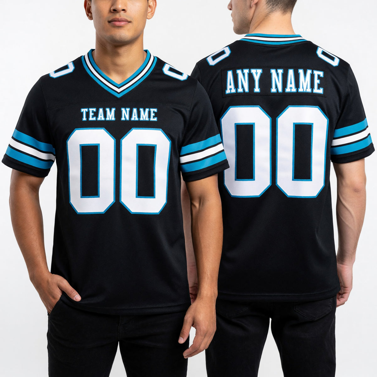 Custom Black White-Panther Blue Authentic Football Jersey worn front and back