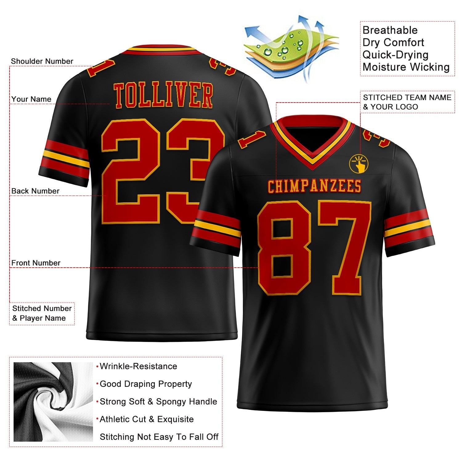 Custom Black Red-Gold Authentic Football Jersey photo 3